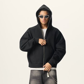 Custom Wholesale Black Full Zip Cropped Boxy Hoodie Manufacturer | OEM Hoodie factory