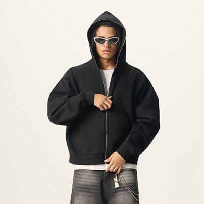Custom Wholesale Black Full Zip Cropped Boxy Hoodie Manufacturer | OEM Hoodie factory