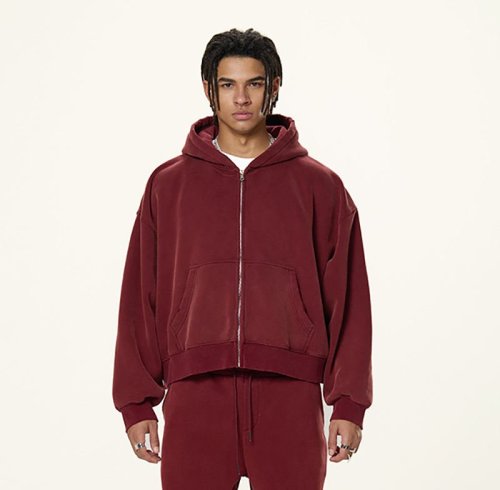 Custom Wholesale Burgundy 350GSM Cropped Boxy Zip Hoodie Manufacturer | OEM Hoodie factory
