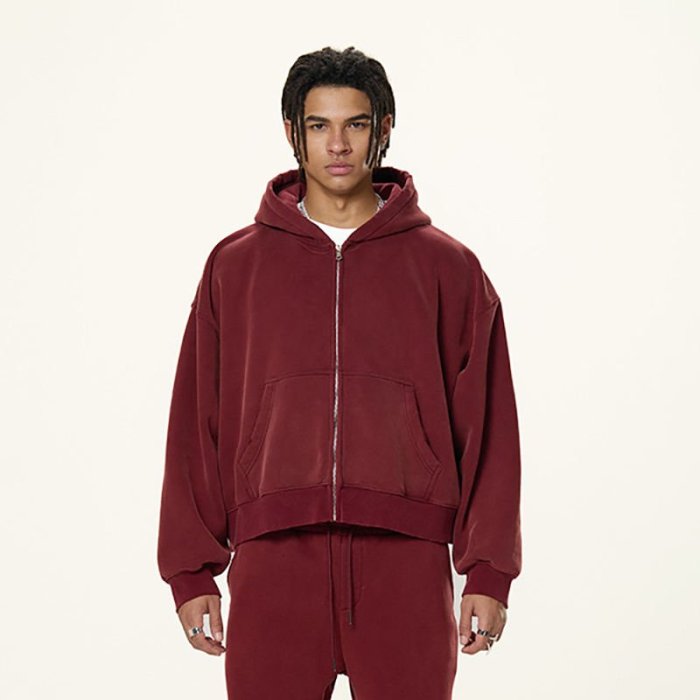 Custom Wholesale Burgundy 350GSM Cropped Boxy Zip Hoodie Manufacturer | OEM Hoodie factory