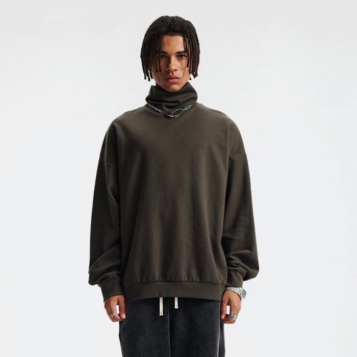 Custom Wholesale Dark Olive 305GSM Mock Neck Sweatshirt Manufacturer | OEM Sweatshirt factory