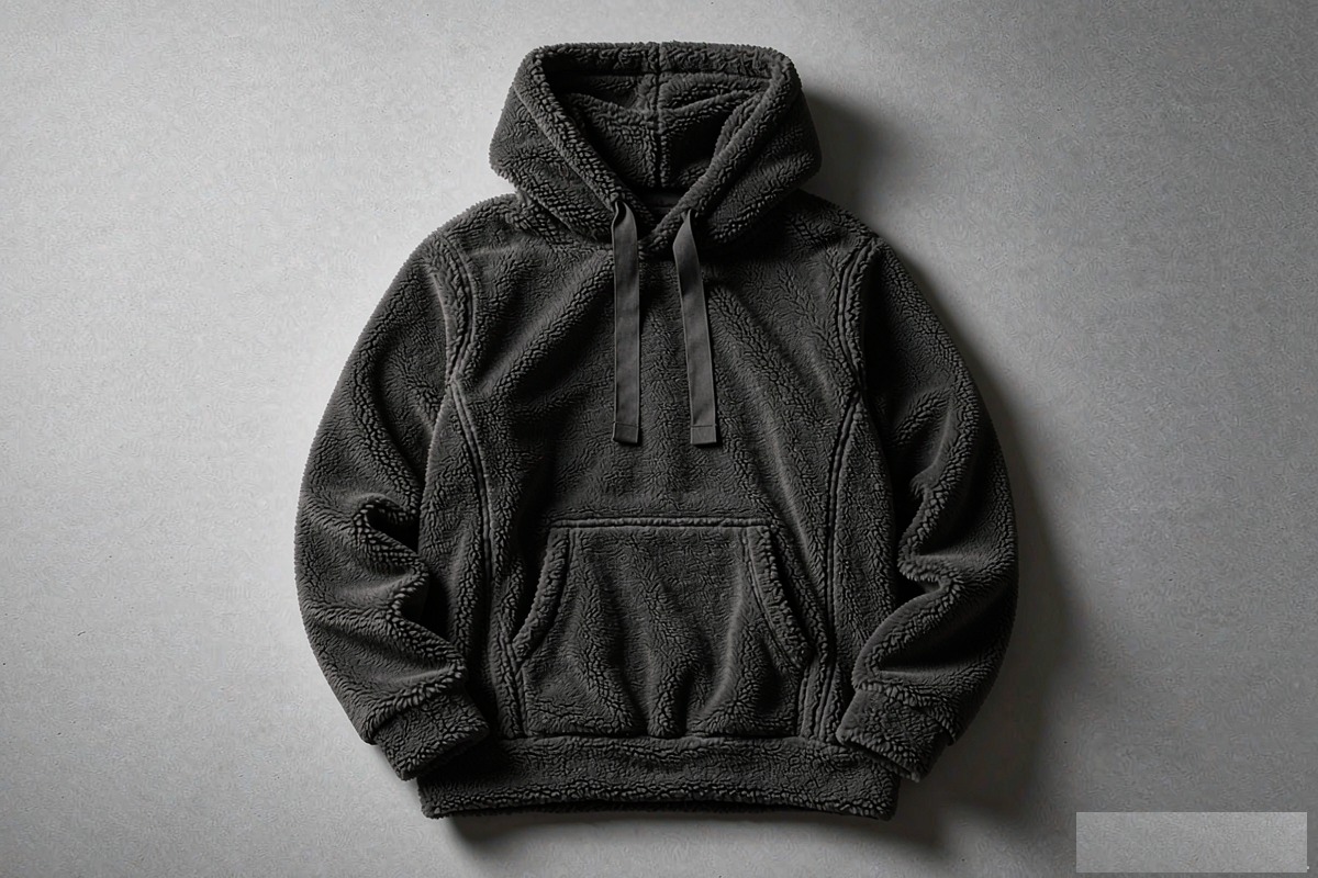 Charcoal heavyweight fleece hoodie flat lay