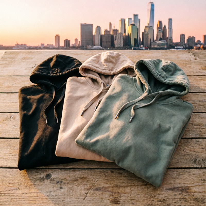 Three folded premium oversized hoodies in black, sand and olive on a city rooftop