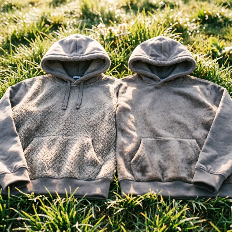 Two hoodies inside-out showing French terry vs brushed fleece interior on grass