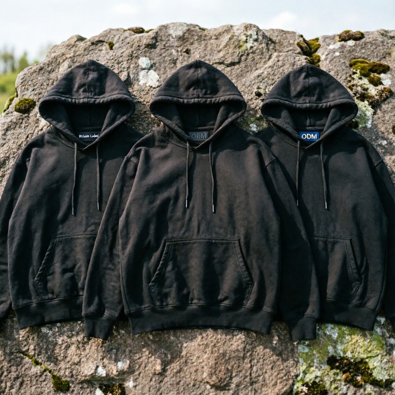 Three identical hoodies each with a different brand label tag on outdoor stone