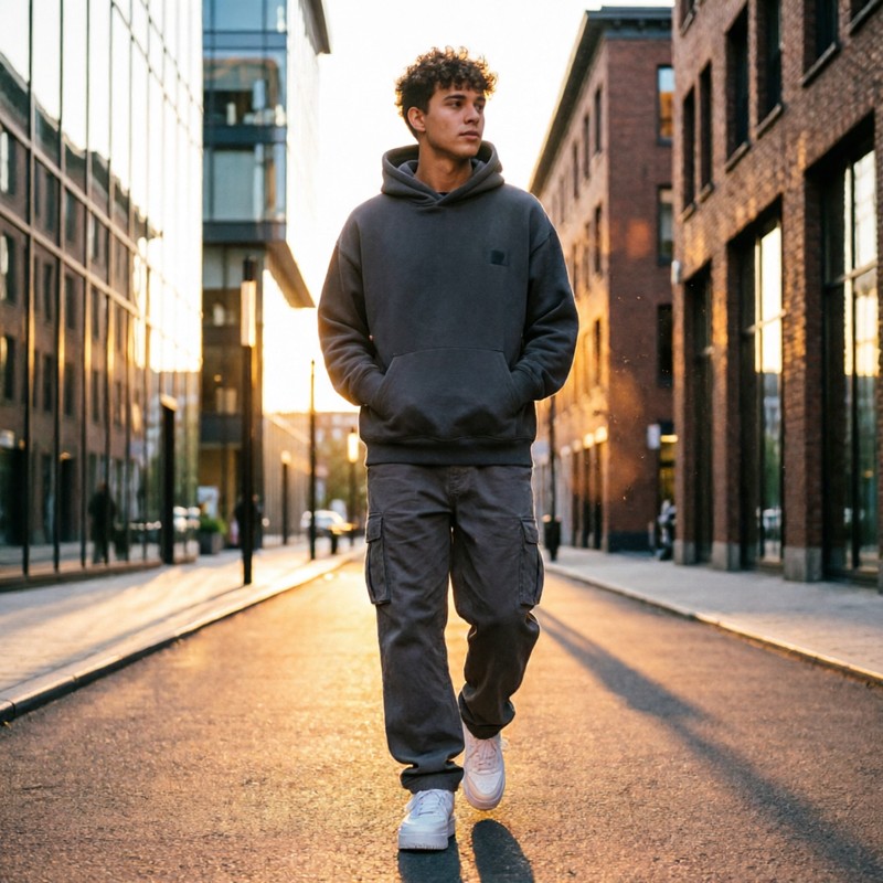 Caucasian young man in an oversized charcoal hoodie on an urban street at sunset