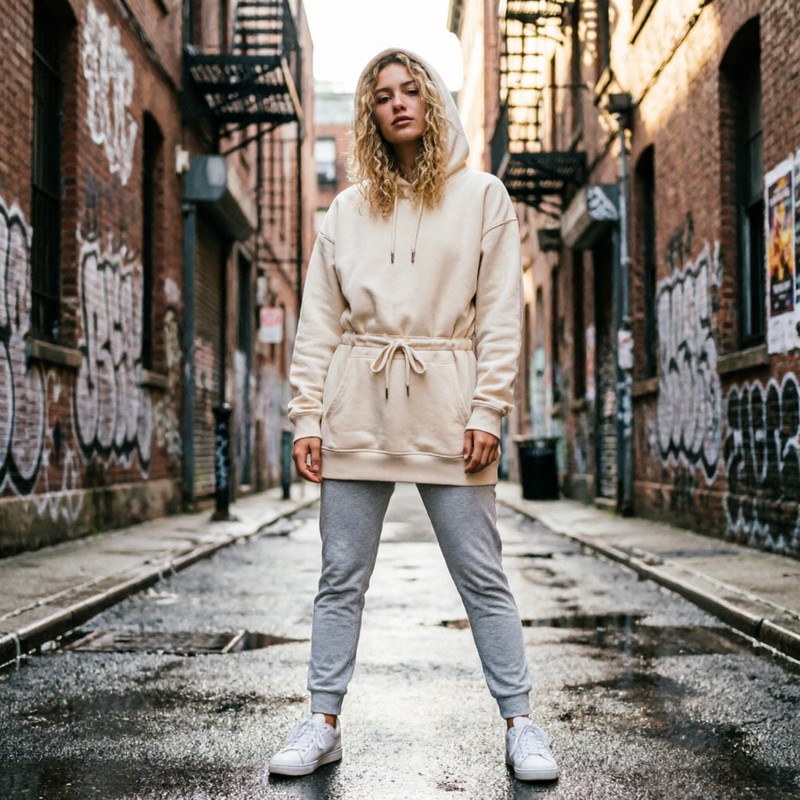 Caucasian young woman in a cream hoodie with hood up in an urban alley