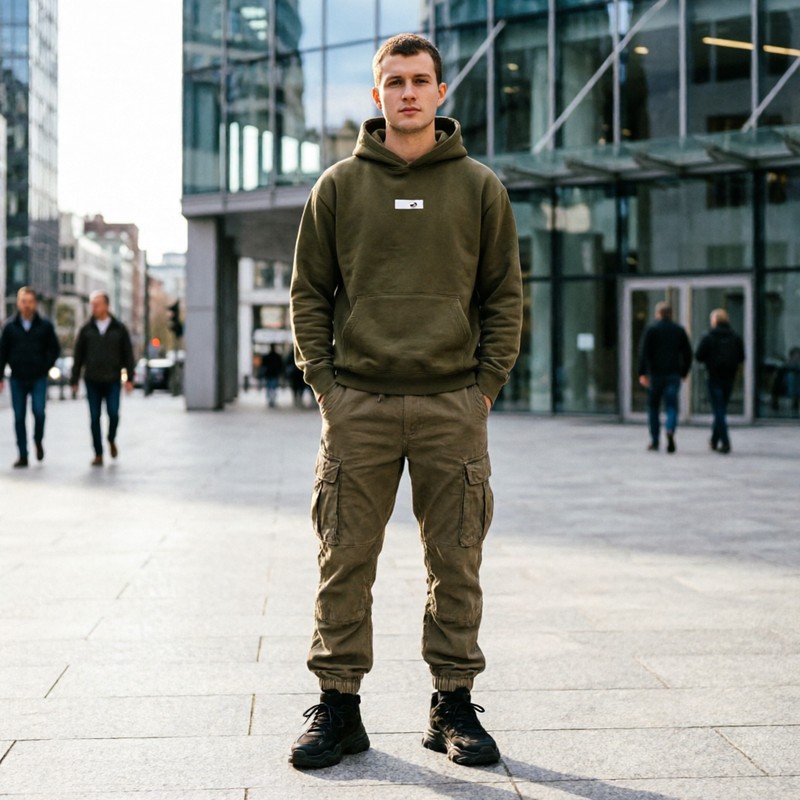 Caucasian model in hoodie and cargo pants on a city plaza