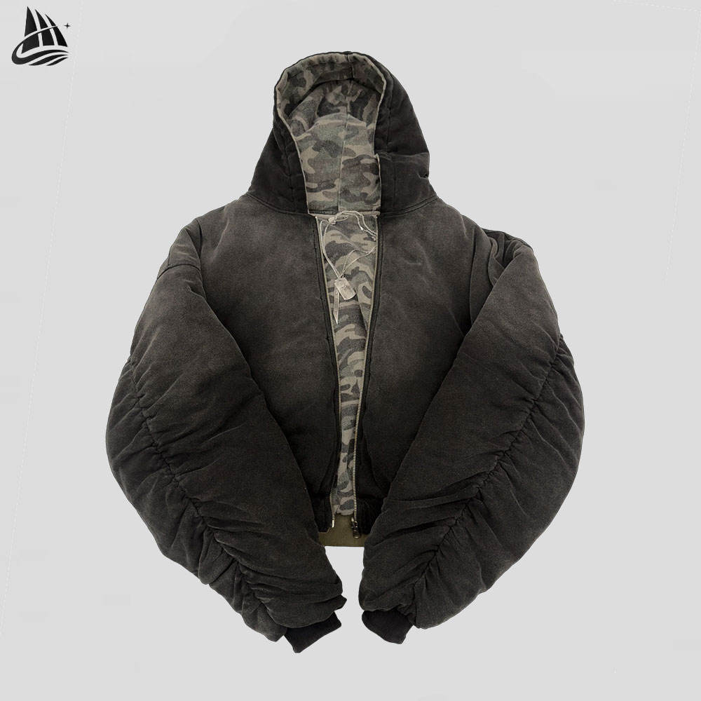 Custom reversible washed hooded puffer jacket manufactured by INFULLSAIL