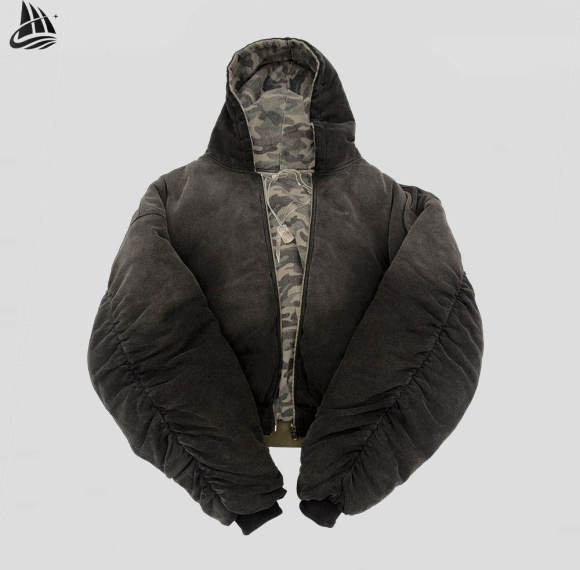 Reversible Washed Hooded Puffer Jacket|Reversible Camo Hooded Jacket