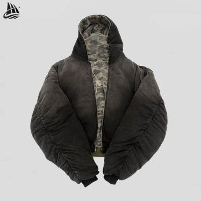 Reversible Washed Hooded Puffer Jacket|Reversible Camo Hooded Jacket