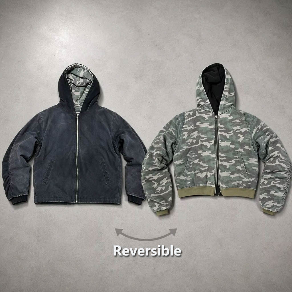 Reversible Washed Hooded Puffer Jacket front
