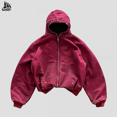 Custom Men's Distressed Hooded Washed Workwear Jacket