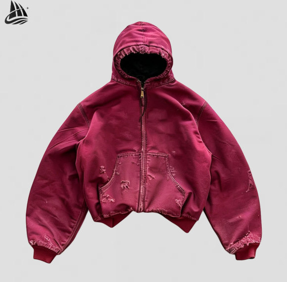 Custom Men's Distressed Hooded Washed Workwear Jacket