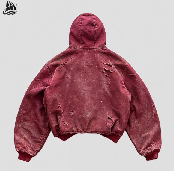Custom Men's Distressed Hooded Washed Workwear Jacket