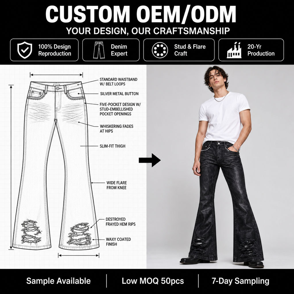 Custom Distressed Waxy Coated Flared Denim Jeans model