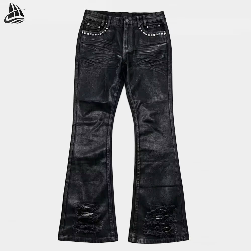 Custom Distressed Waxy Coated Flared Denim Jeans front
