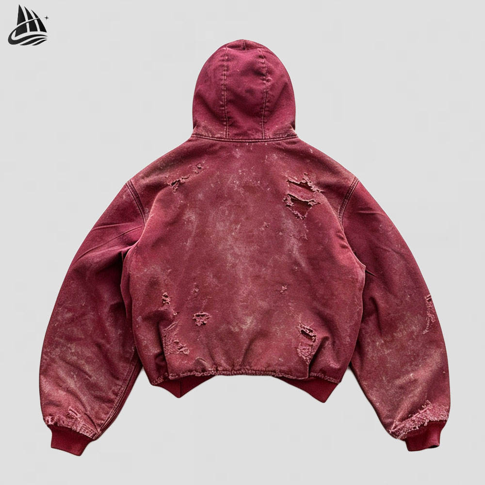 Custom Distressed Hooded Washed Jacket model front