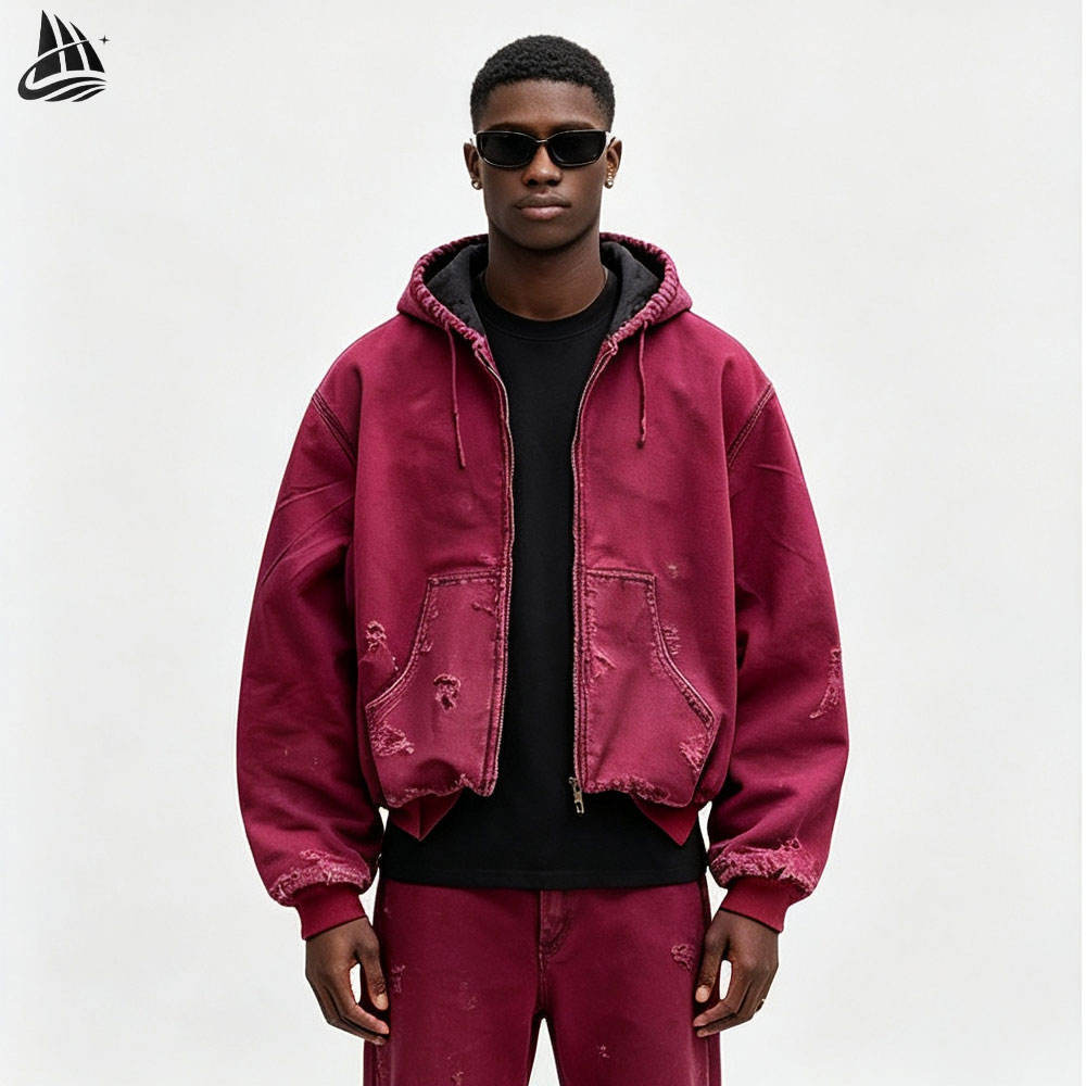 Custom Distressed Hooded Washed Jacket detail