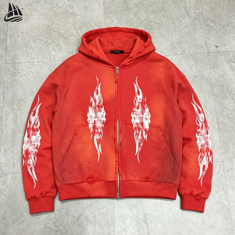 Custom Heavyweight Sun Faded Acid Wash Zip Up Hoodie front