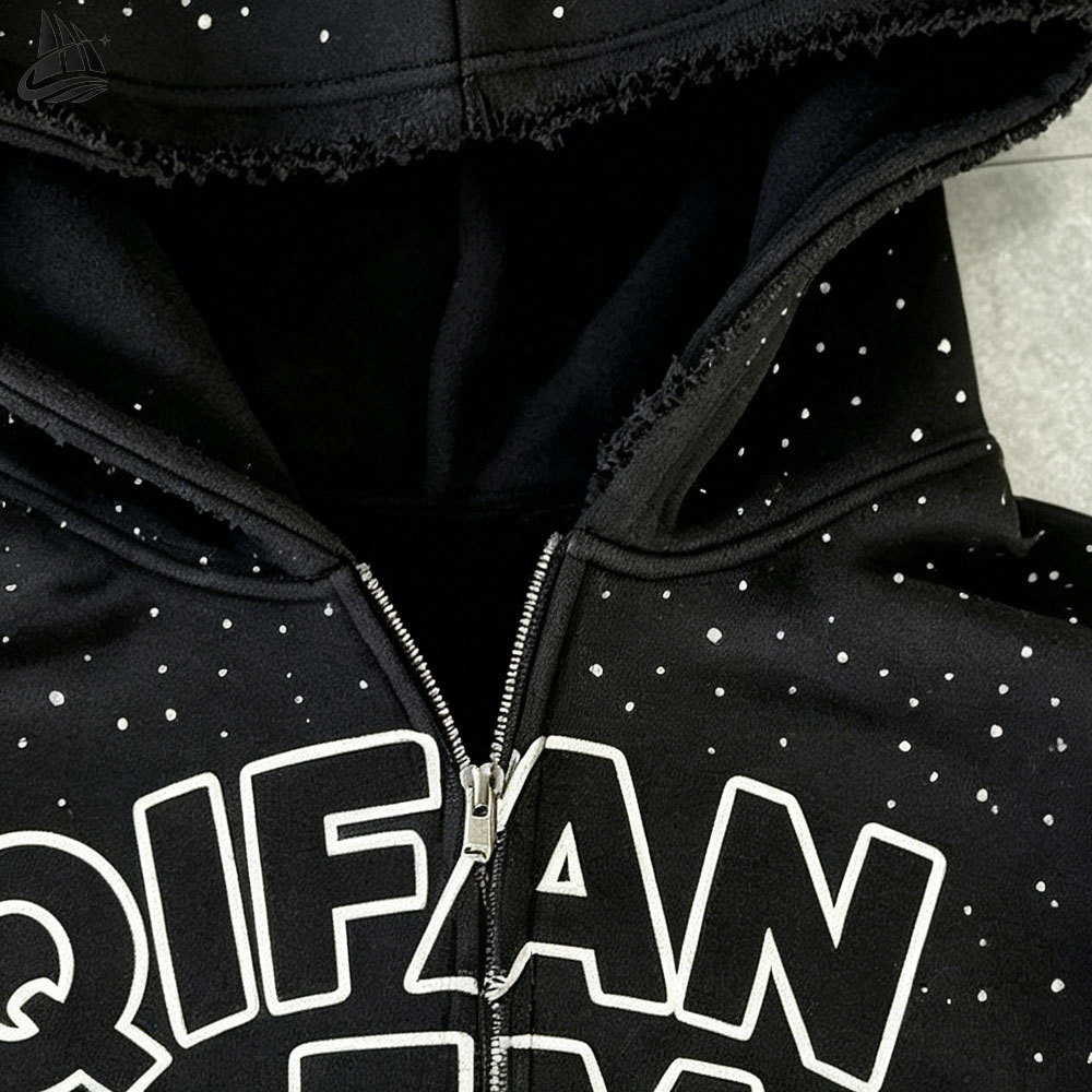 Custom Rhinestone Winter Zip Up Hoodie neckline zipper detail