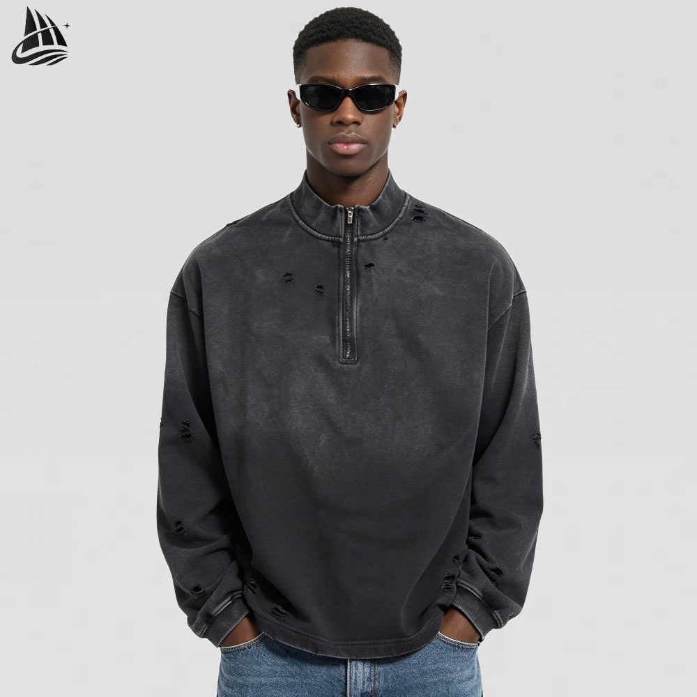 Custom Quarter Zip Torn Distressed Sweatshirt