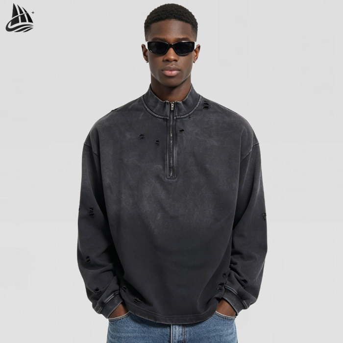 Custom Quarter Zip Torn Distressed Sweatshirt