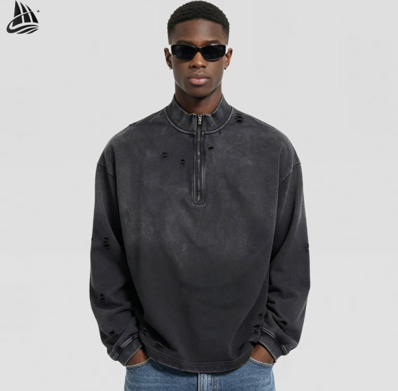 Custom Quarter Zip Torn Distressed Sweatshirt