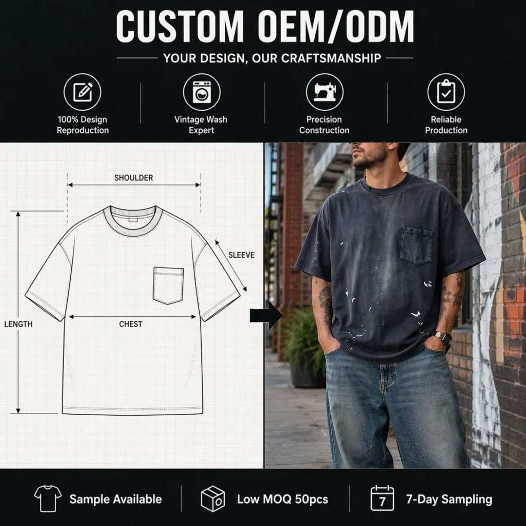 Custom Men's 220gsm Printed Garment Dyed Pocket T-Shirt