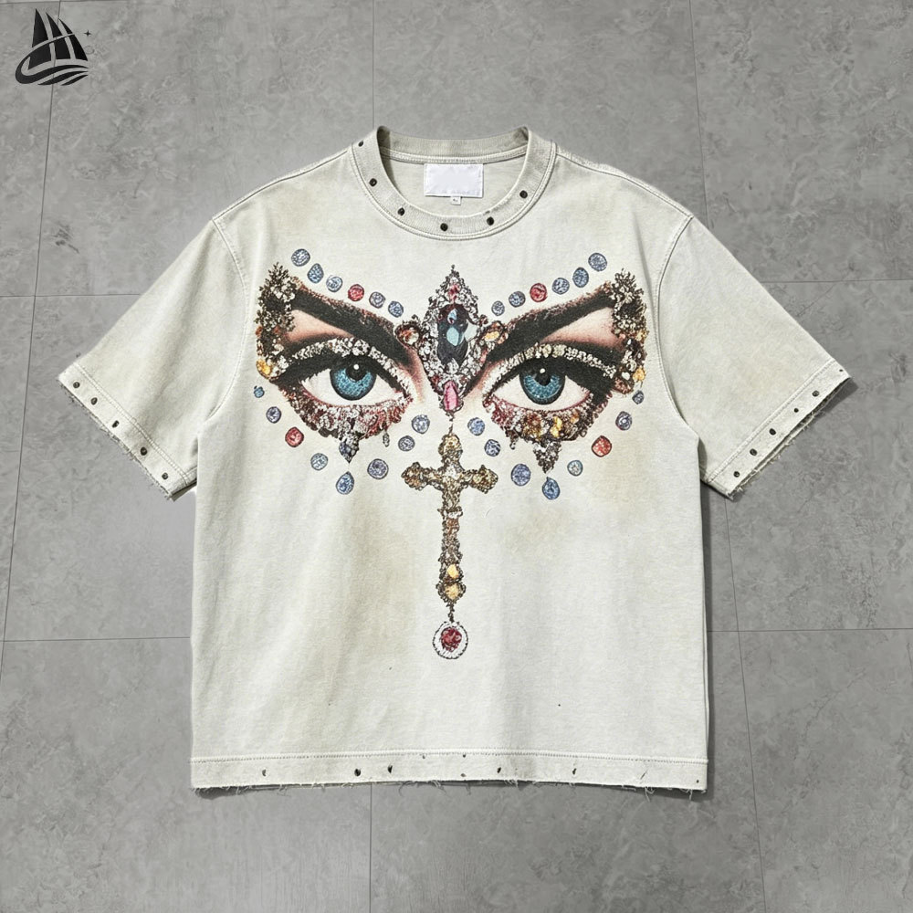 Custom Oversized Acid Wash Graphic Rhinestone Vintage T-Shirt