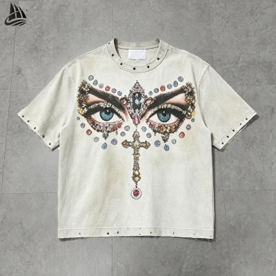 Custom Oversized Acid Wash Graphic Rhinestone Vintage T-Shirt