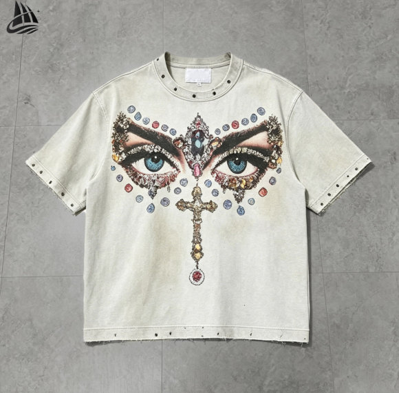 Custom Oversized Acid Wash Graphic Rhinestone Vintage T-Shirt