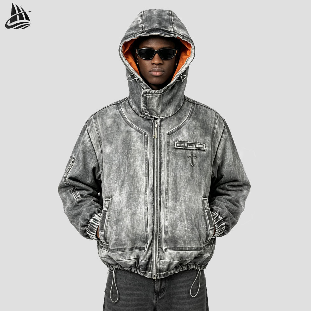 Custom Hip Hop Distressed Hooded Bomber Jacket