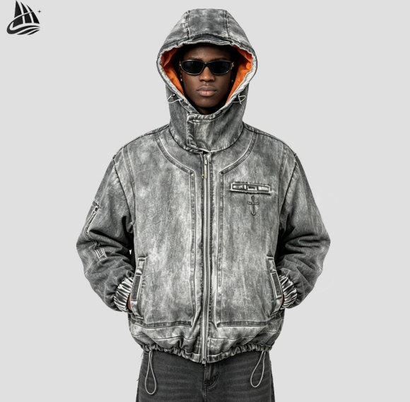 Custom Hip Hop Distressed Hooded Bomber Jacket
