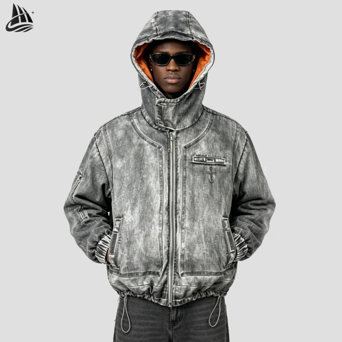 Custom Hip Hop Distressed Hooded Bomber Jacket