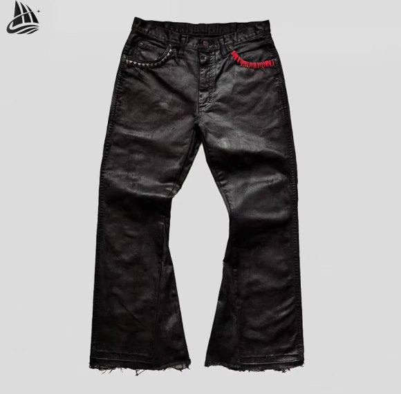 Custom Distressed Waxy Coated Flared Denim Jeans
