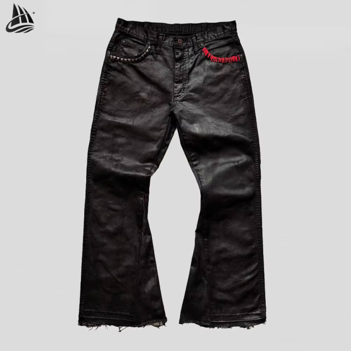 Custom Distressed Waxy Coated Flared Denim Jeans