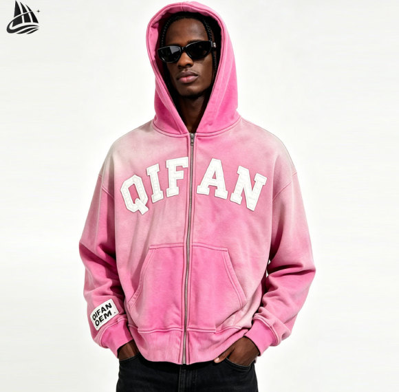 Custom Heavyweight Sun Faded Acid Wash Zip Up Hoodie