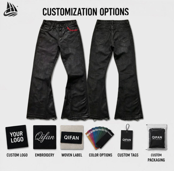 Custom Distressed Waxy Coated Flared Denim Jeans