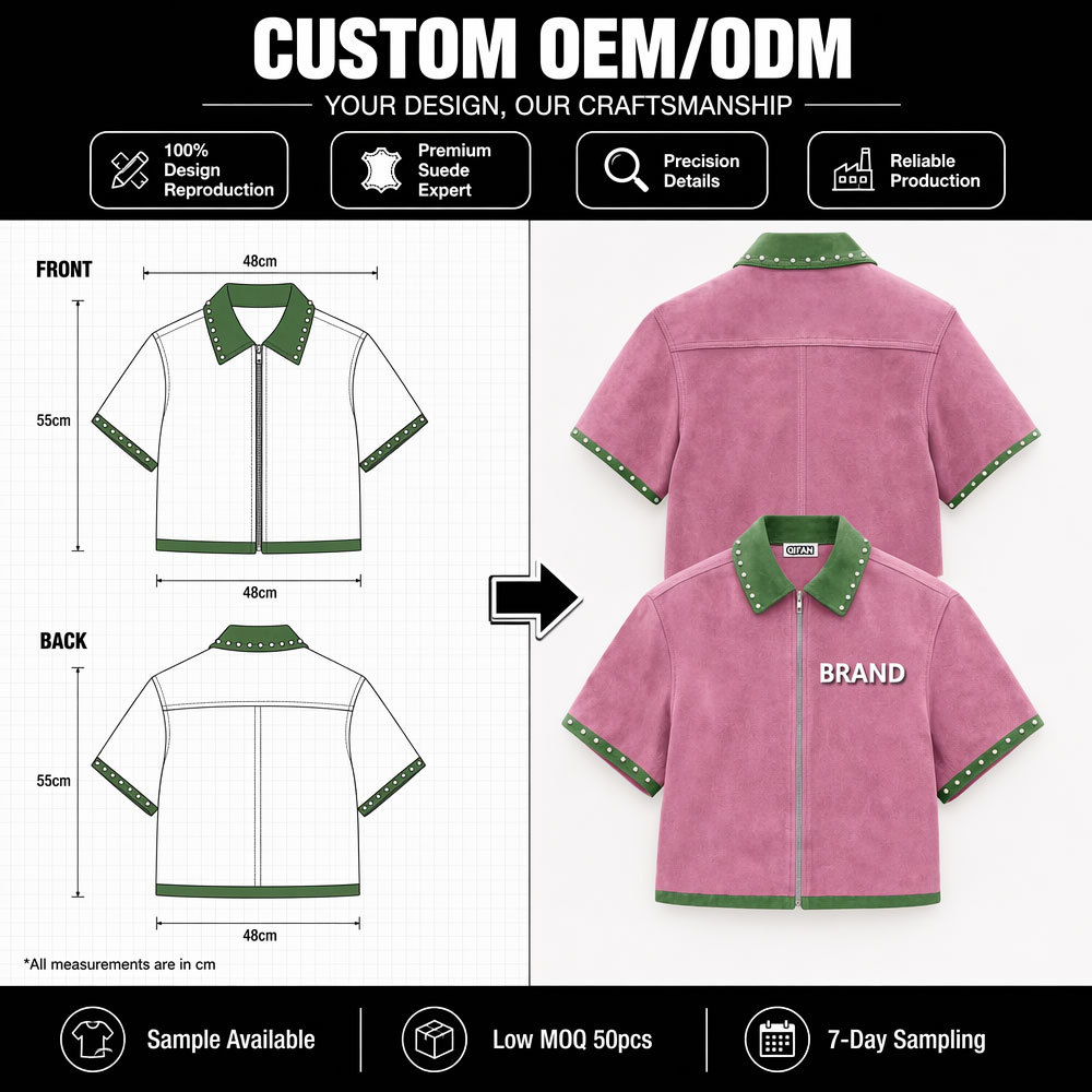 Custom Men's Suede Short Sleeve Zip-Up Shirt