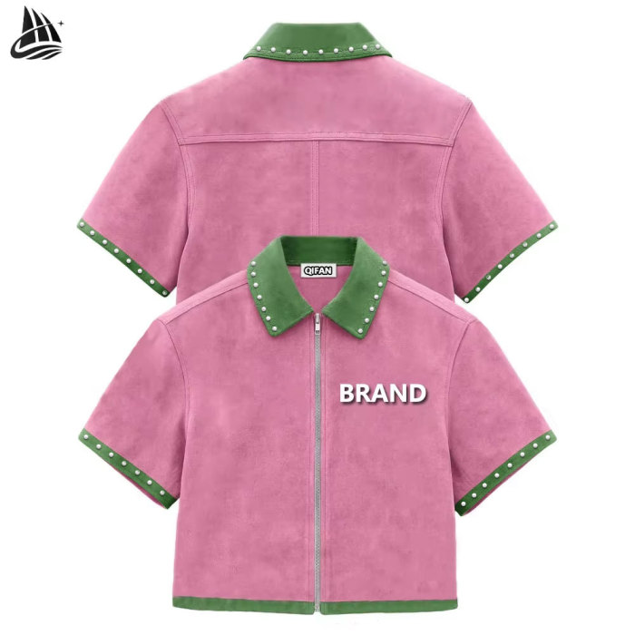 Custom Men's Suede Short Sleeve Zip-Up Shirt