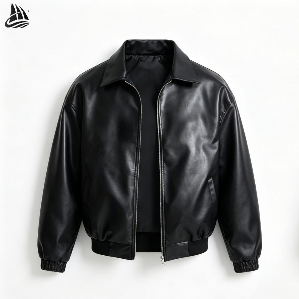 Custom Black PU Leather Bomber Jacket