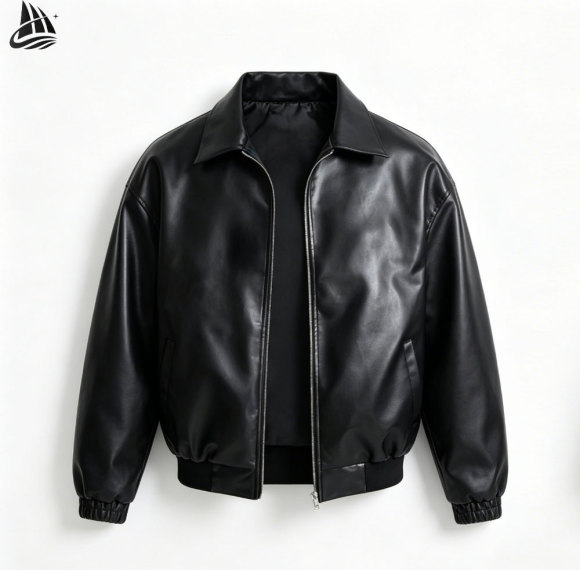 Custom Black PU Leather Bomber Jacket