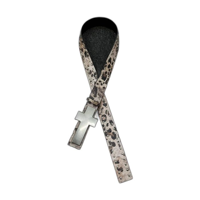 Custom Leopard Print Belt with Cross Buckle and Rivets