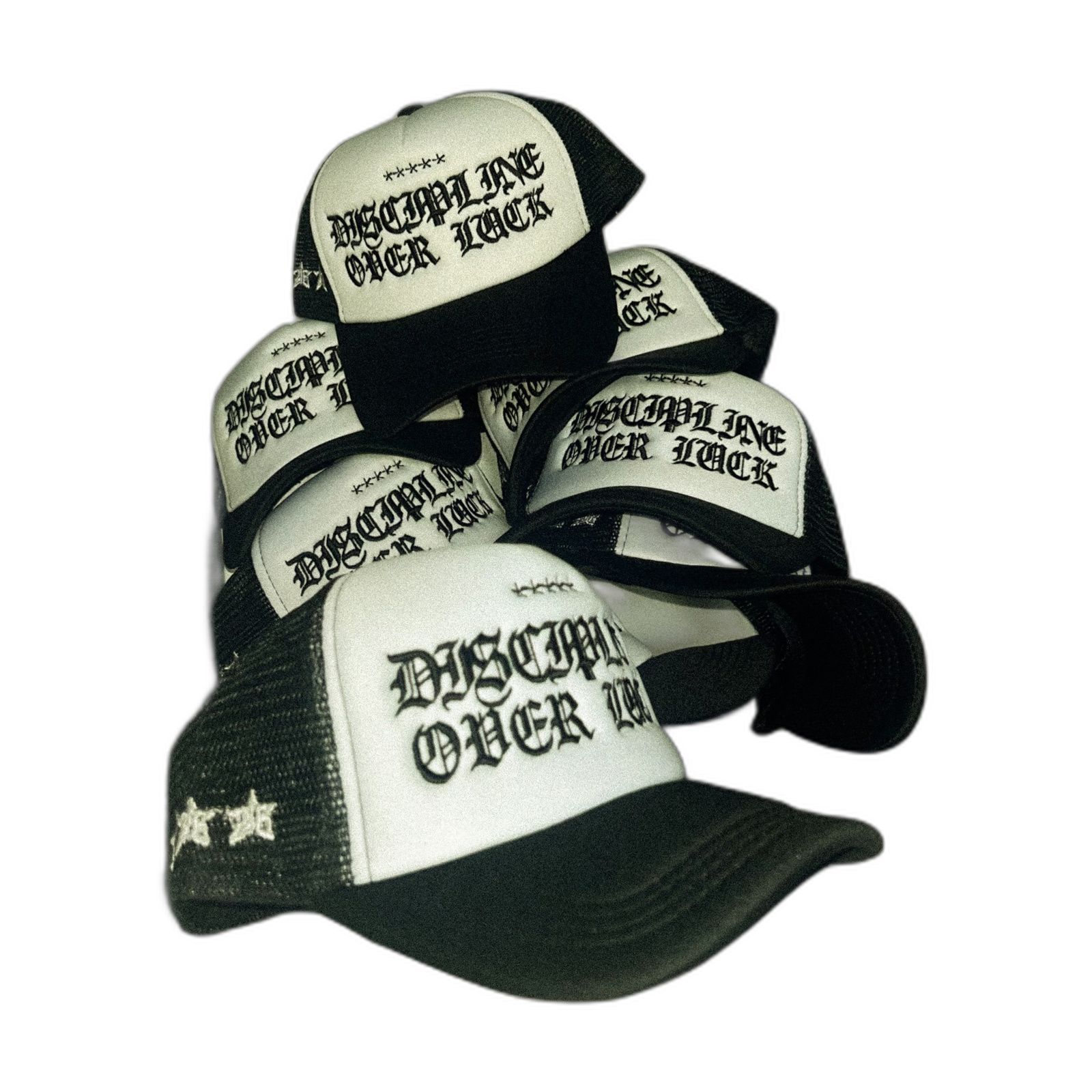 DISCIPLINE OVER LUCK Gothic Embroidery Trucker Cap from the INFULLSAIL streetwear range