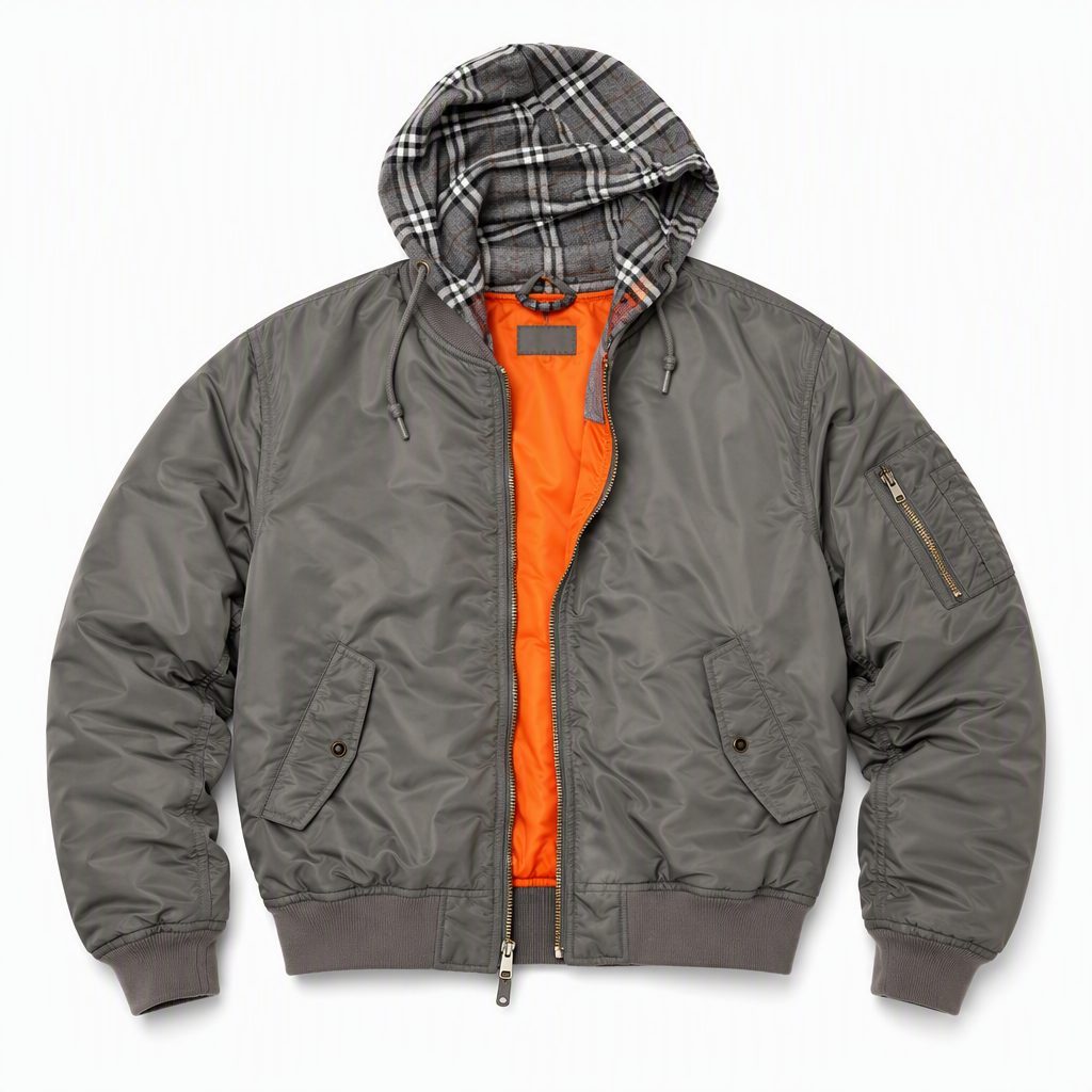 Custom Hooded MA-1 Bomber Jacket with Check Lining Wholesale wholesale