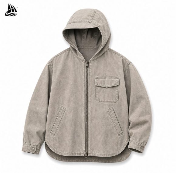 Custom Washed Grey Hooded Utility Jacket Wholesale