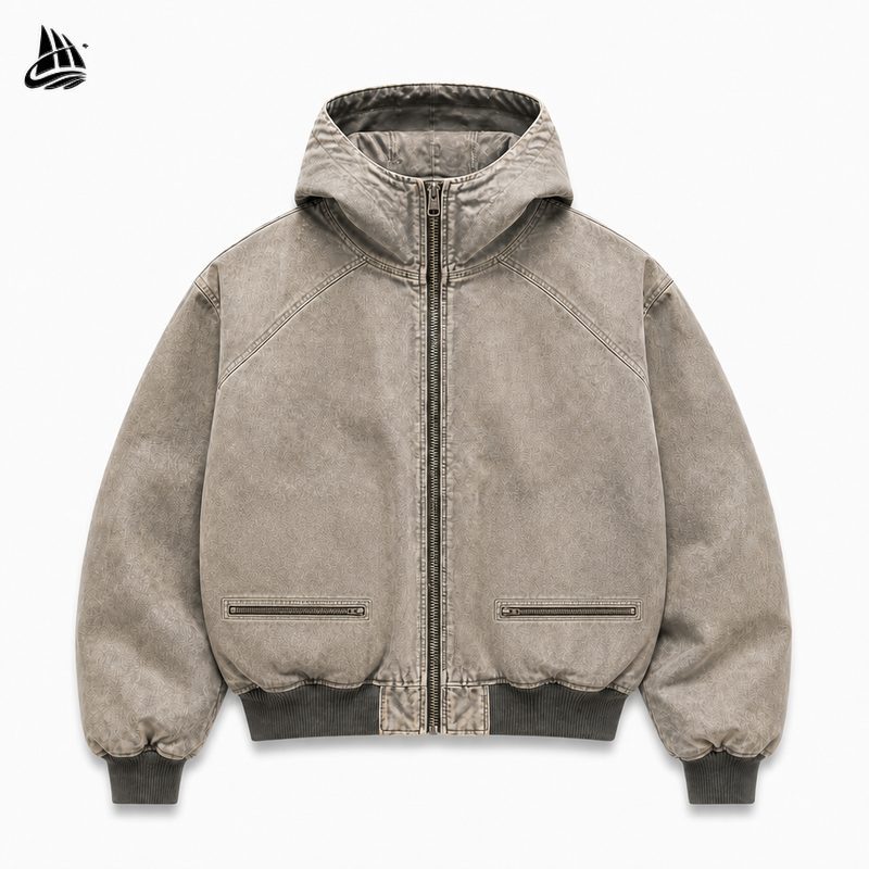Custom Washed Hooded Utility Jacket with Zip Pockets Wholesale wholesale