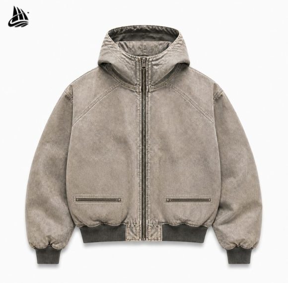 Custom Washed Hooded Utility Jacket with Zip Pockets Wholesale