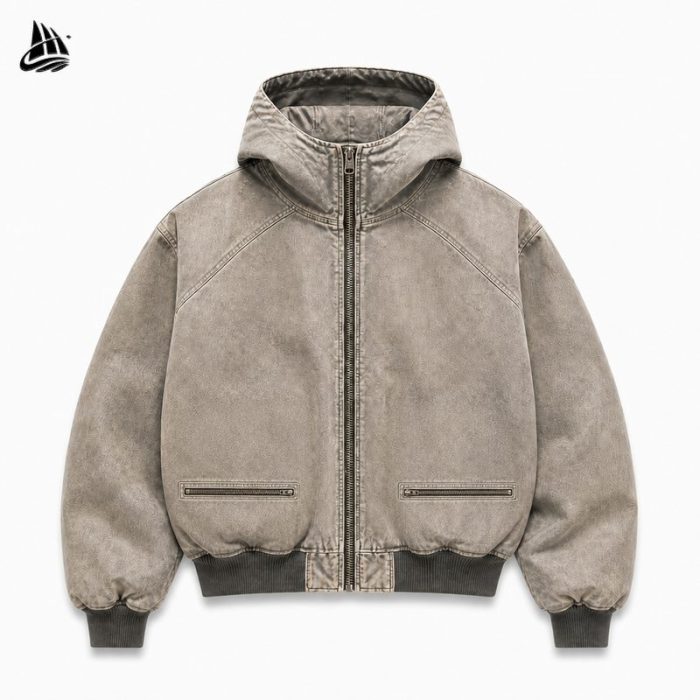 Custom Washed Hooded Utility Jacket with Zip Pockets Wholesale